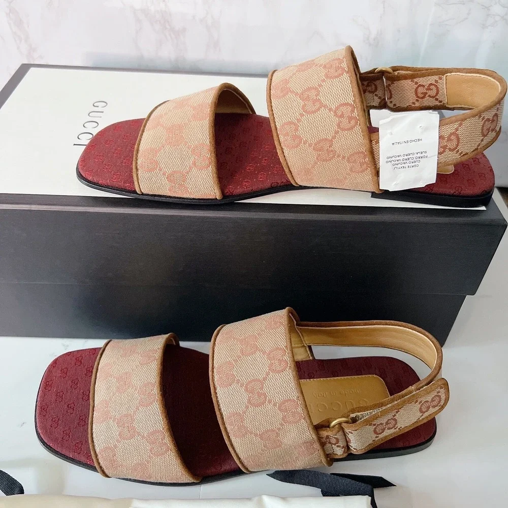Gucci GG LOGO Monogram Wide Strap Sandal Brown/ Beige Canvas Mens UK 7.5 US 8